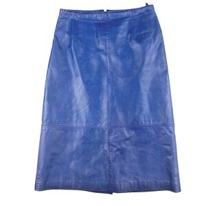 Vintage Ellen Tracy Blue Leather Midi Skirt A Line Back Zip Slit Women, size 4